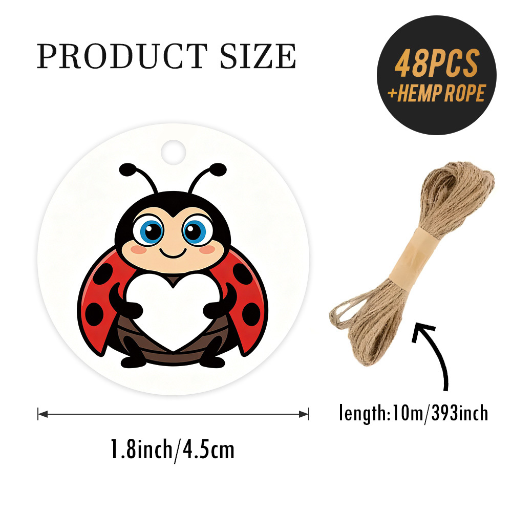 TEMU 48pcs "happy Birthday" Round Gift Tags With Jute String, Cute Ladybug Holding A White , Suitable For Birthday Gifts, Party Favors, Greeting