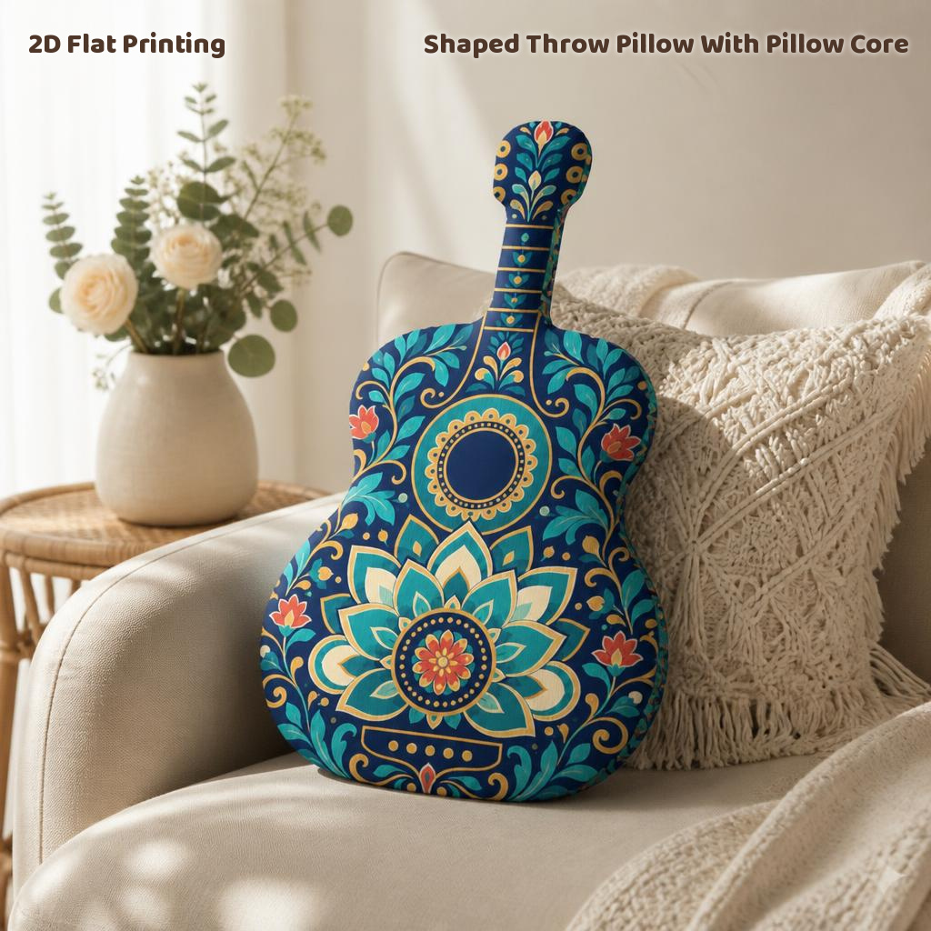 TEMU Bohemian Acoustic Guitar Floral Mandala Shaped Throw Pillow With Vintage Teal Botanical Artwork For Music Room Living Room Bedroom Decor 2d Flat