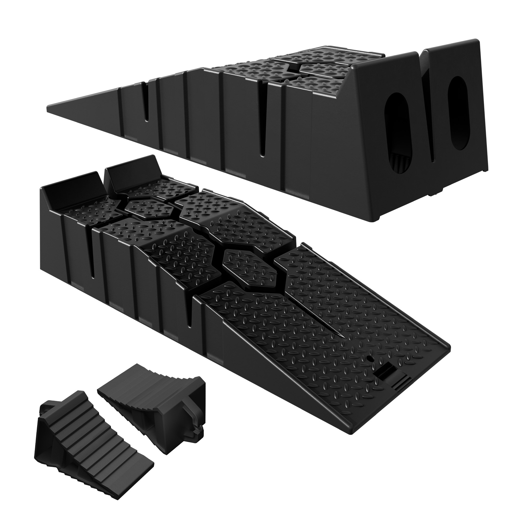 E-shop 4-teiliges Set Auto-Rampe, rutschfest, PP-Kunststoff, Kombination aus Radstoppern Auto-Bremskeilen, dreieckiges Design-Set, 5T Tragfähigkeit