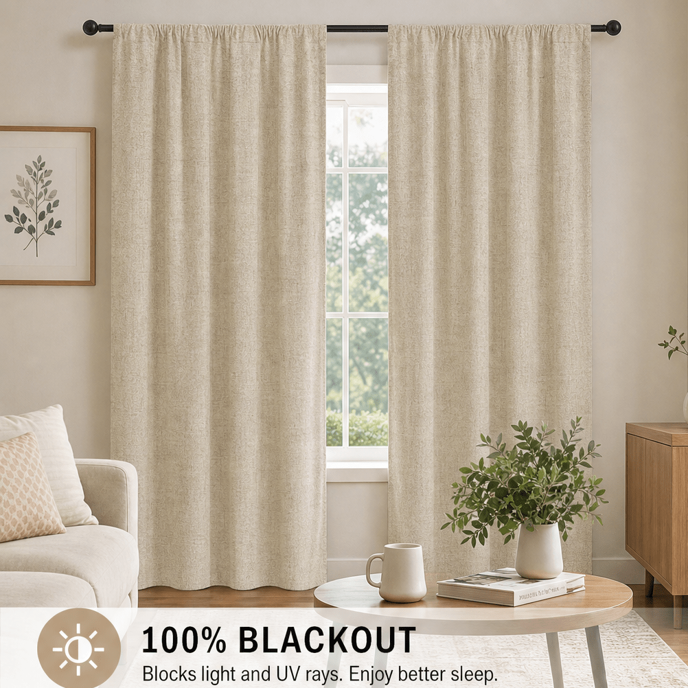 TEMU 2pcs Beige Solid Linen-textured Rod Pocket Top Curtains, 100% Blackout Thermal Insulated Polyester With Black Lining, Lightweight -resistant