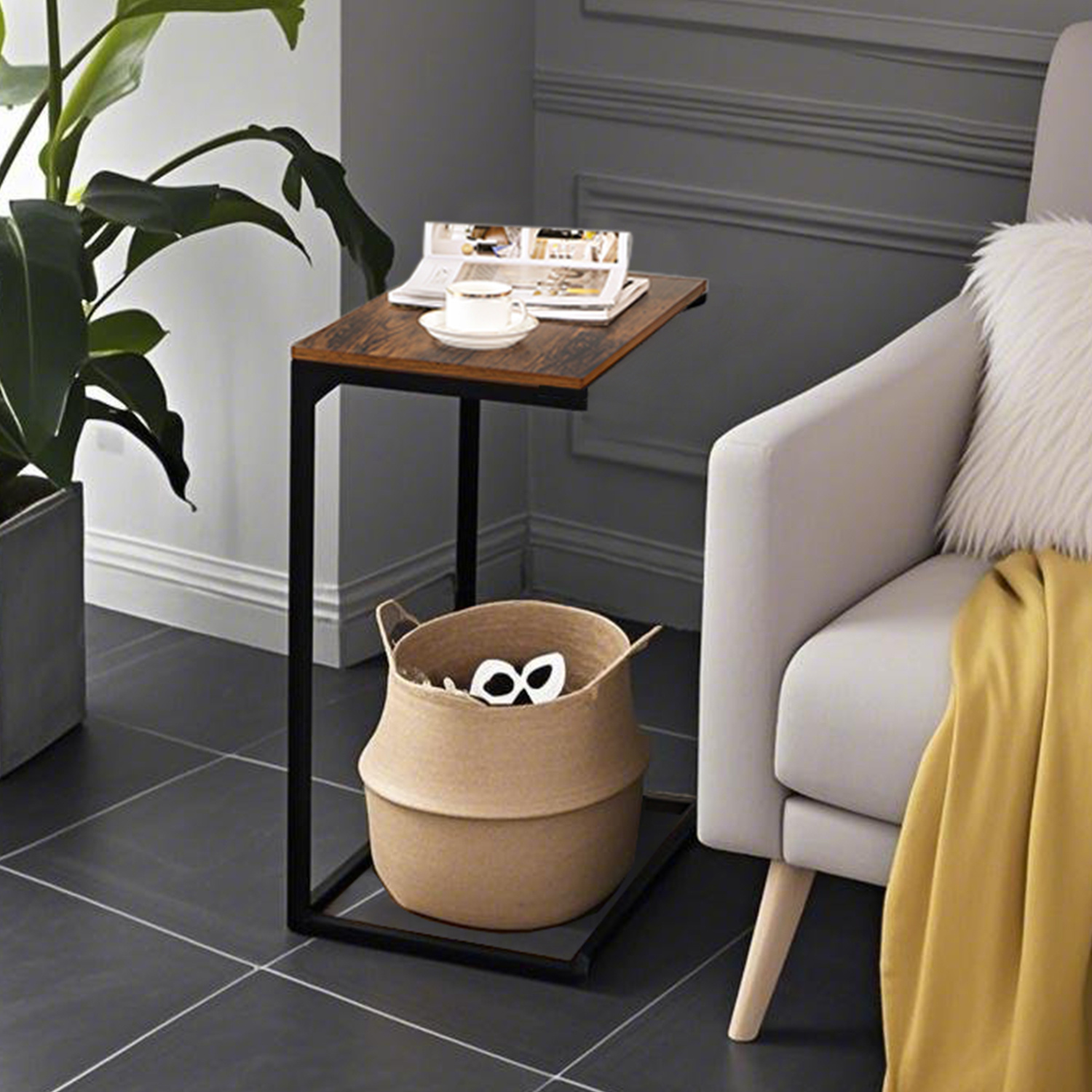 C Shaped Side Table, Under Sofa Laptop Table, Small Bedside Cabinet, 55 X 35 X 66cm, Rustic Brown And Black