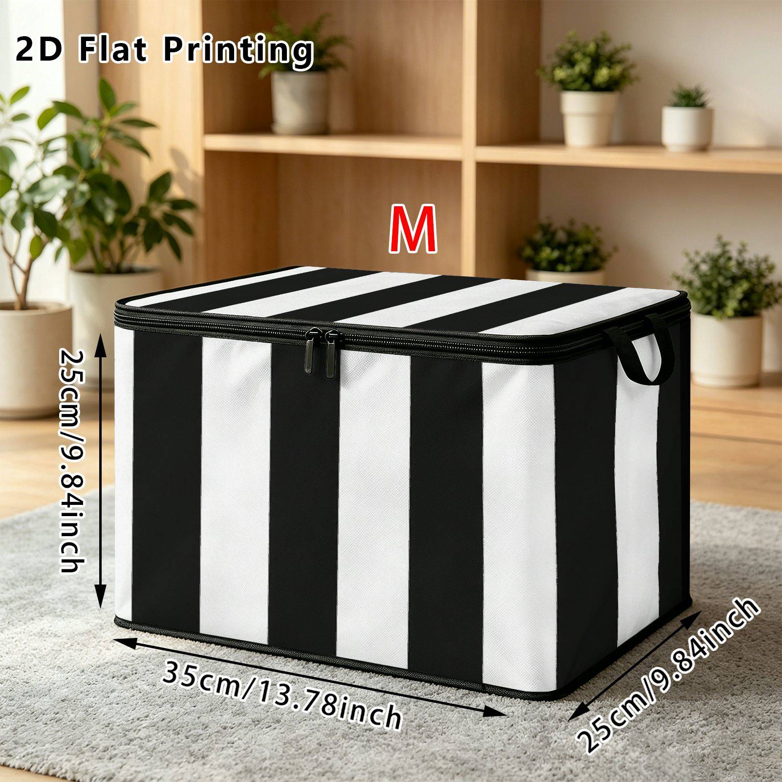 TEMU 1pc Striped Black White Vertical Storage Bin | Soft Fabric, Collapsible, Lid, Multipurpose Basket Organizer With Handle For Home Bedroom