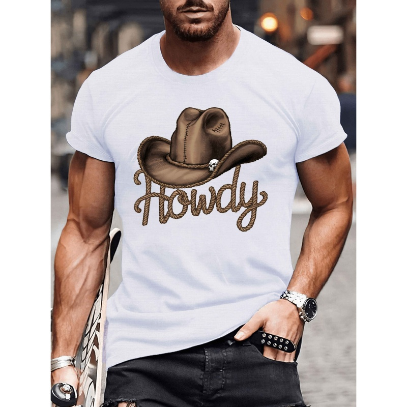 

Men's Casual Crew Neck T-shirt With Cowboy Hat & "" Print, 100% Polyester Knit Fabric, Stretch, Regular Fit, Geometric Pattern, Summer Short Sleeve Tee