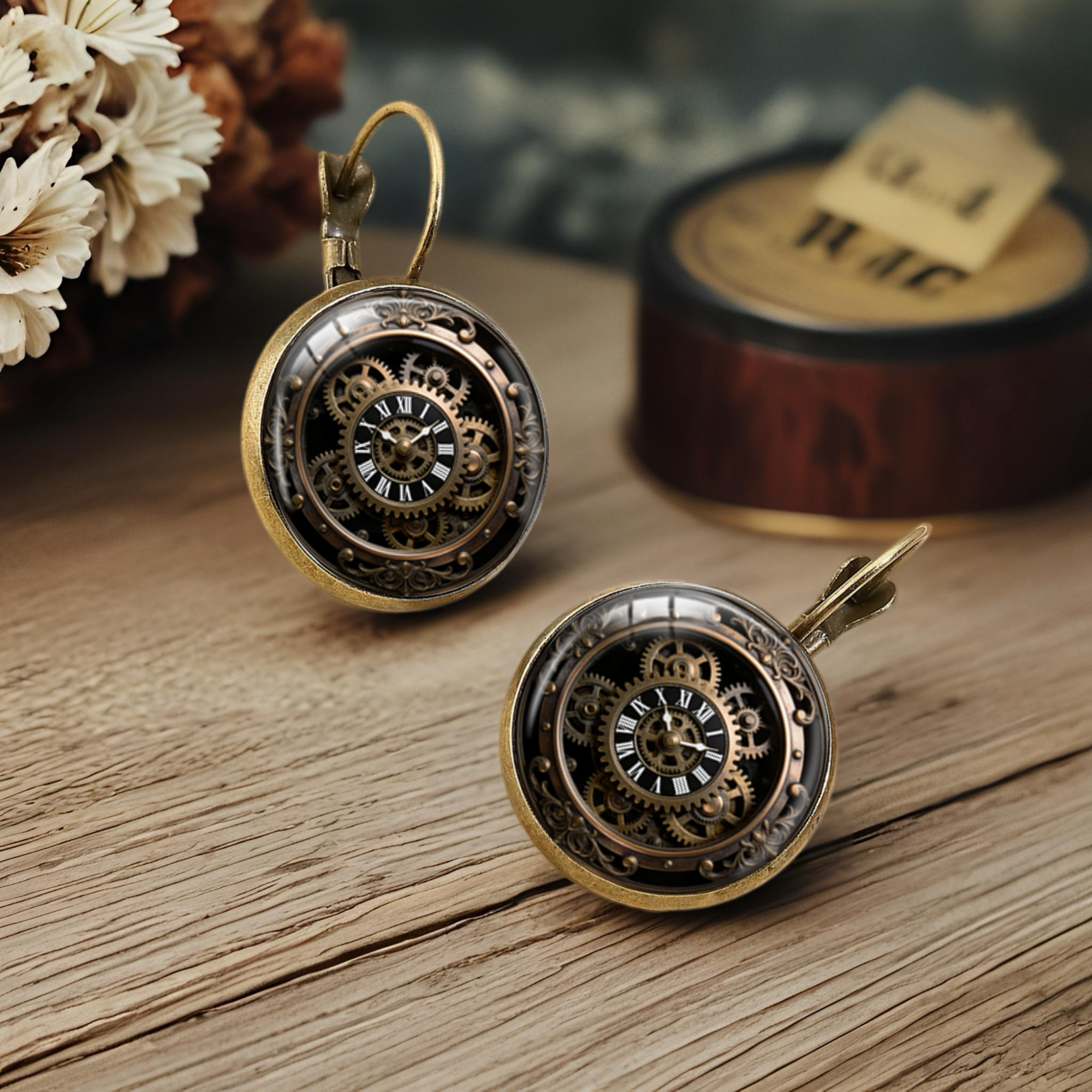 Steampunk Hollowarg Earrings with Classic Roman Numeral Dial