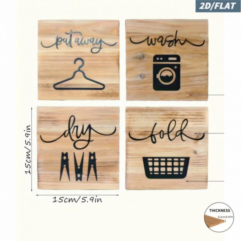 TEMU 2d Flat, Set Of 4 Farmhouse Wooden Laundry Room Decor Signs - 5.9 Inch Diy Wash, Dry, Fold, And Hang Wall Art With Clothes Hanger And Washing