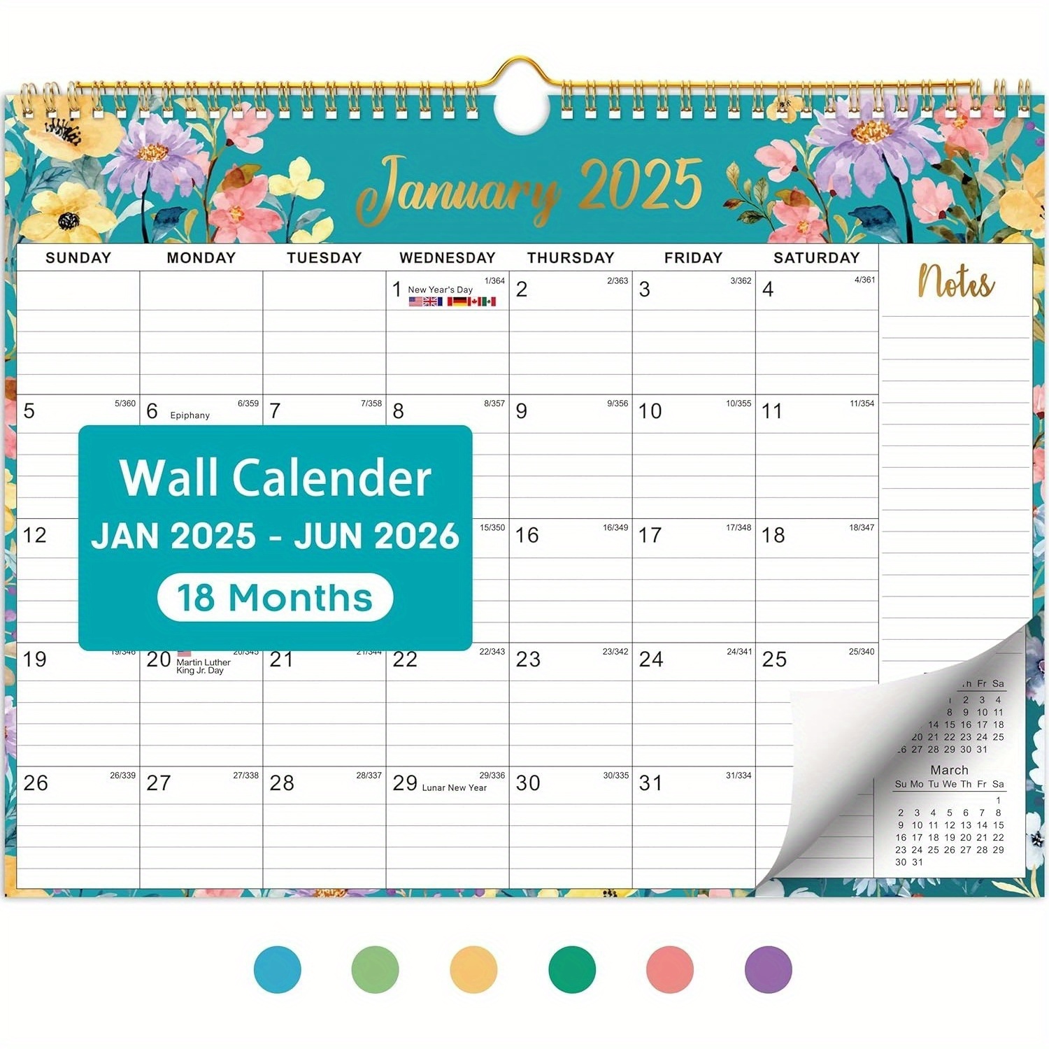 

2025 Spiral Bound Hanging Wall Calendar, New Year's Calendar, 2025 2026 Monthly Calendar, 11.5x 14.7, Home Or Office, Floral Patterns