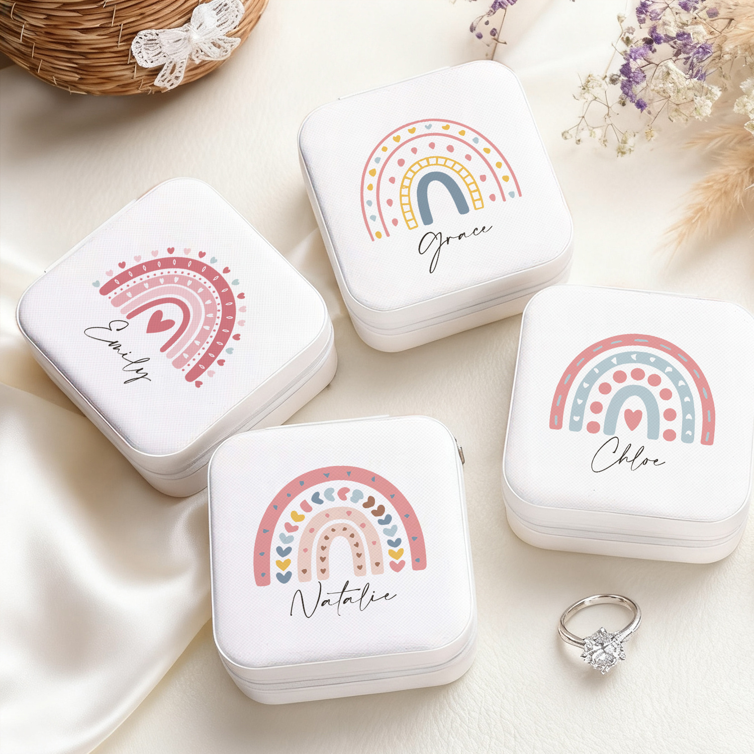 Personalized Name White Jewelry Organizer Box with Rainbow Design