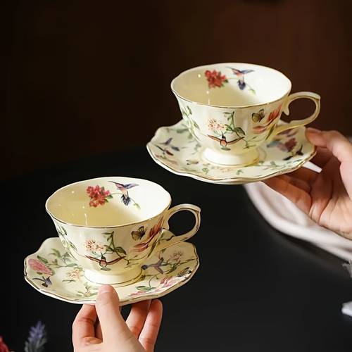 floral and bird coffee cup and saucer vintage style golden painted ceramic cup home afternoon tea tableware christmas gift souvenir