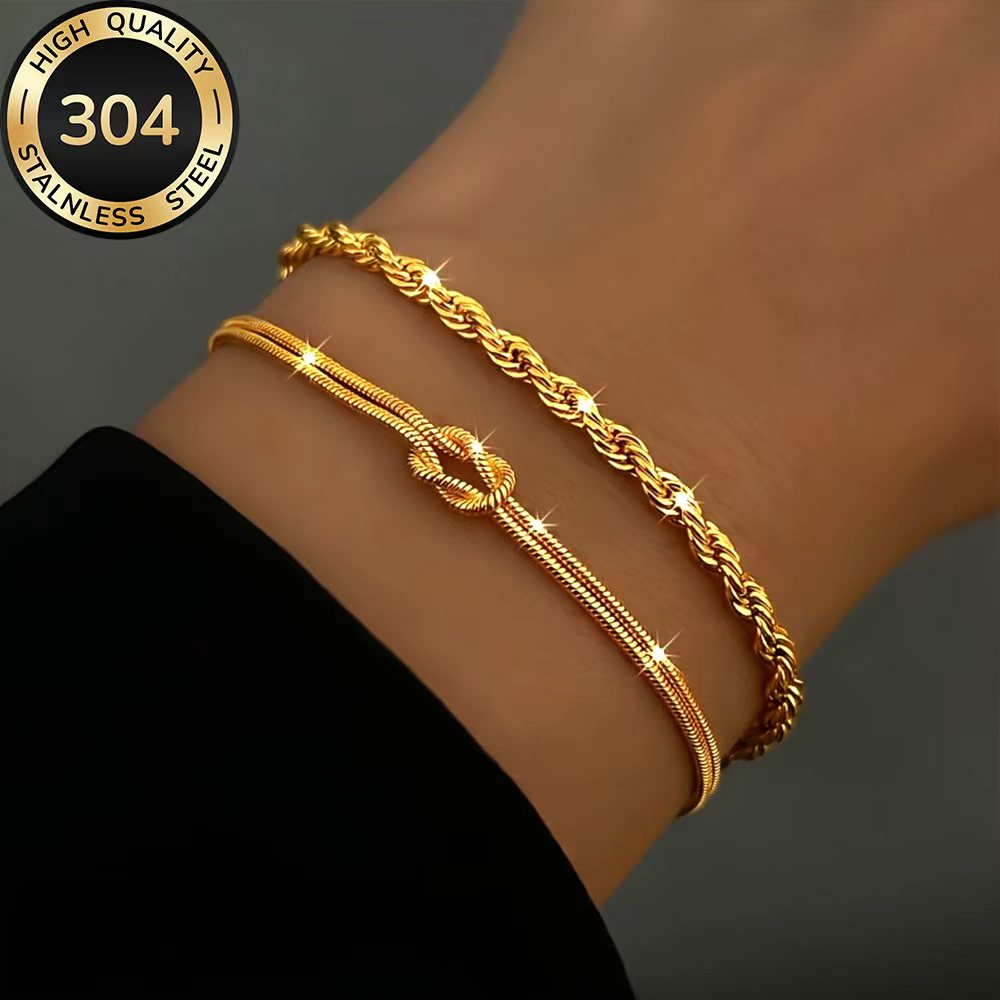 TEMU 2pcs Bracelet Set, High-quality 304 Stainless Steel Hypoallergenic Golden Bracelets, Polished, Anti-tarnish, Kc, Simple And Elegant, Fashionable