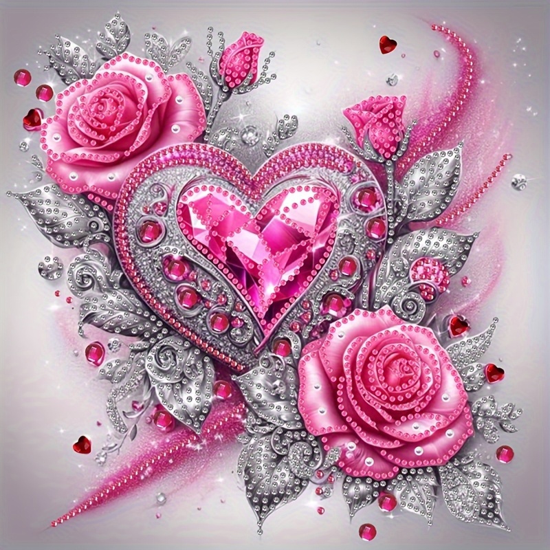Image of Pink Heart Rose Diamond Painting Kit 11.8*11.8 Inches - Diy 5d Craft, Crystal Round Diamonds On Canvas, Frameless Home Wall Decor, Perfect For Sparkle And Charm, Versatile Gift