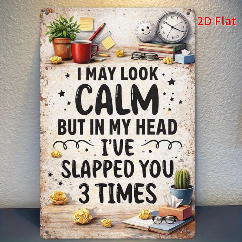 TEMU 2d Flat - [2dflat], 1pc 30x20cm - Vintage Metal Tin Sign, I May Look Calm But Slapped You 3 Times Wall Decor, Funny Work Humor Plaque