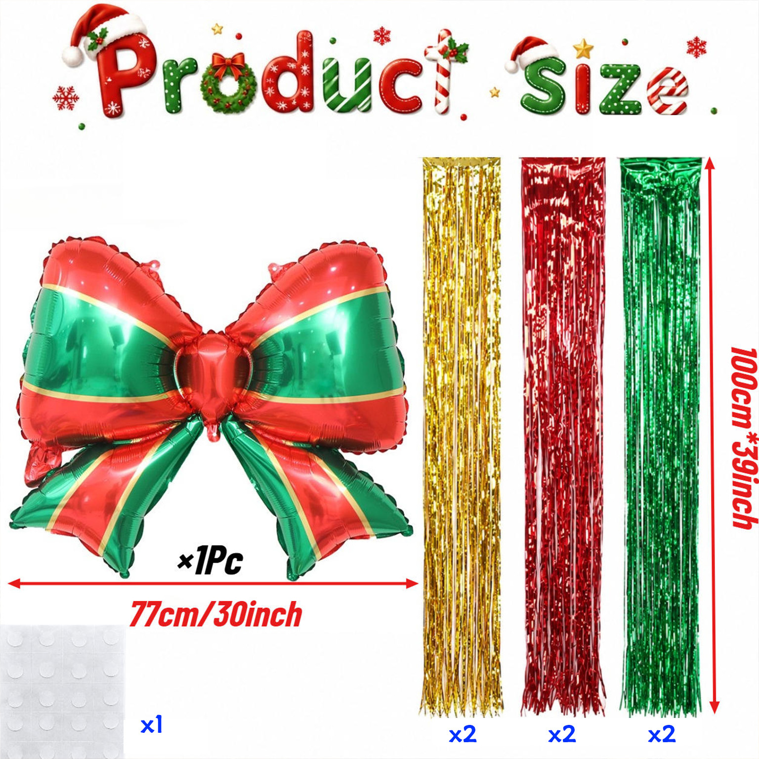 TEMU 8pcs-red Christmas Tinsel Balloon Set, Including 77cm Self-sealing Bow-shaped Aluminum Foil Balloon, 1m Red Green -color Tinsel, Suitable For
