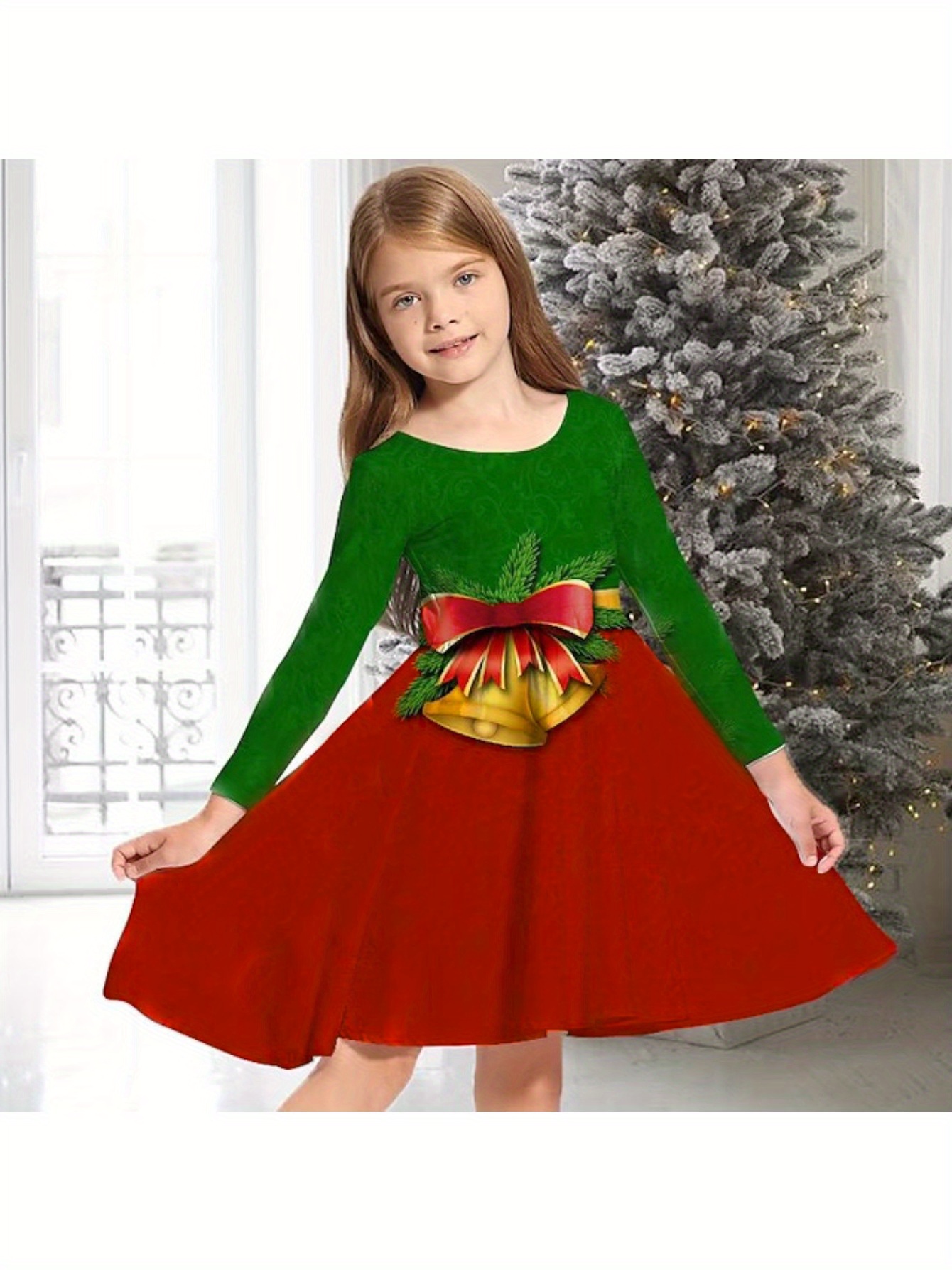 festive christmas print long sleeve dress girls casual Temu