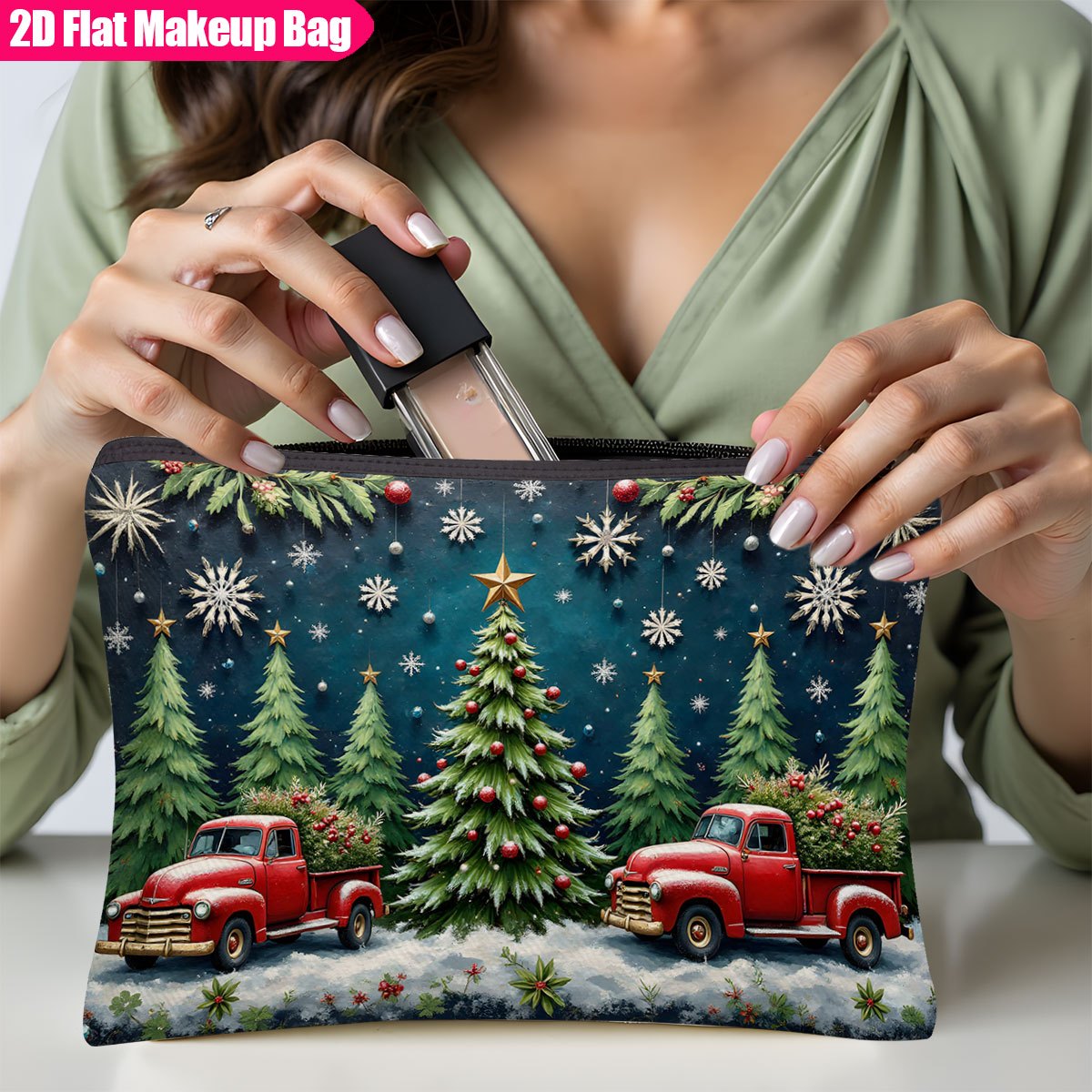 TEMU 2d Flat Printing, 1pc Travel Toiletry Bag | 2 Trees On Snowy Christmas Background Makeup Bag, Organizer Bag, Portable Cosmetic Bag With Zipper