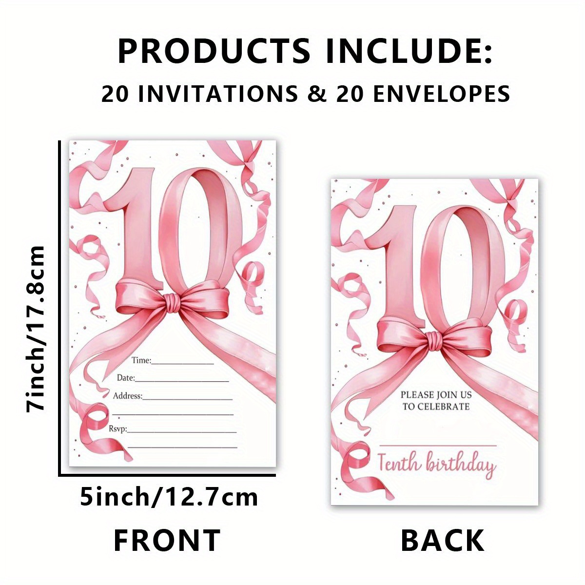 TEMU Invitations20pcs, 10th Birthday Party, Pink Bow Birthday Invitation, Ribbon Girl Birthday Party Invitation, Watercolor Pink Bow Birthday