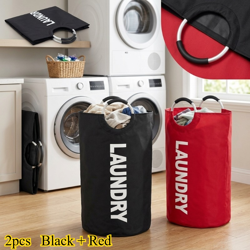 TEMU 2pcs (black + Red) 95l Extra Large Capacity Foldable Laundry Basket Storage Bag With Aluminum Alloy Full-loop Handles - Tall Foldable Fabric