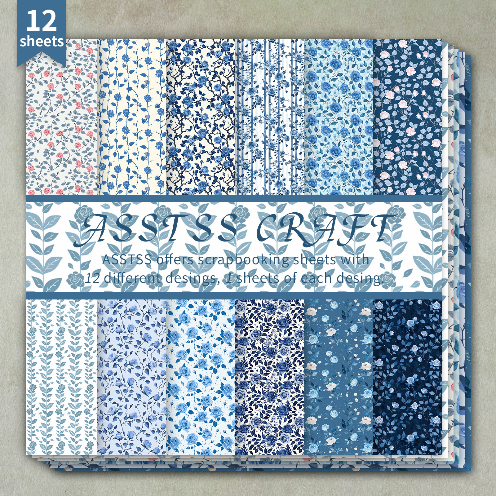 TEMU 12-sheet Asstss Heavyweight Scrapbooking Paper Pad - Blue Rose Floral Backing Sheets Suitable For Journaling, Collage Art, Cardmaking, Junk