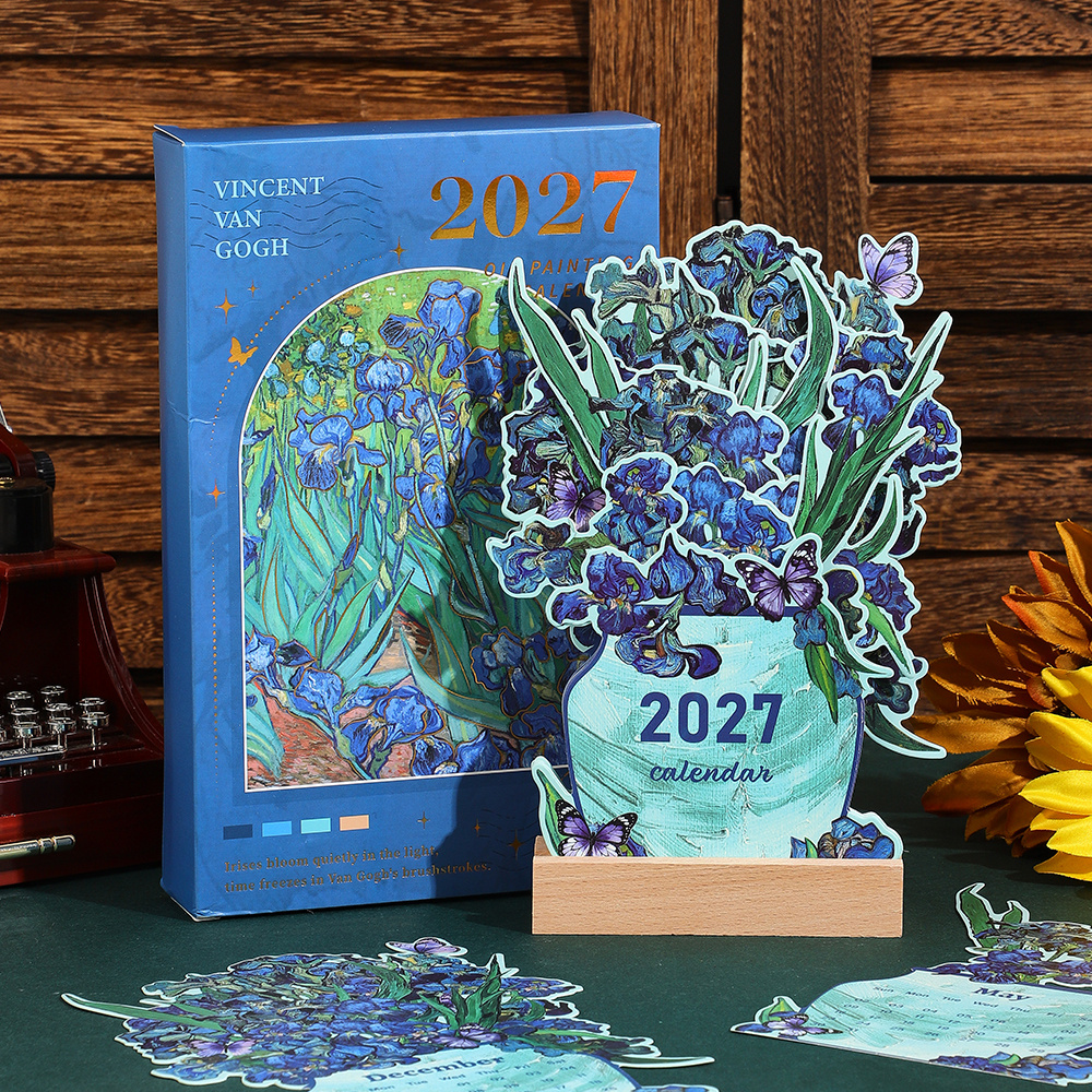 TEMU Ensemble de calendrier de bureau vintage 2027, 12 cartes d'insertion mensuelles remplaçables Iris avec support rainuré en bois, pour , à , à ,