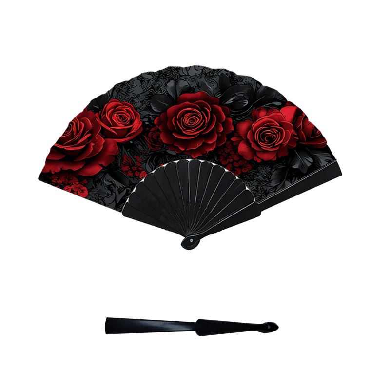 TEMU 2d Flat - Elegant 2d Flat Black Floral Folding Hand Fan With Vibrant Red Roses And Dark Green Leaf Prints, 1pc Plastic Fan Bones Design,