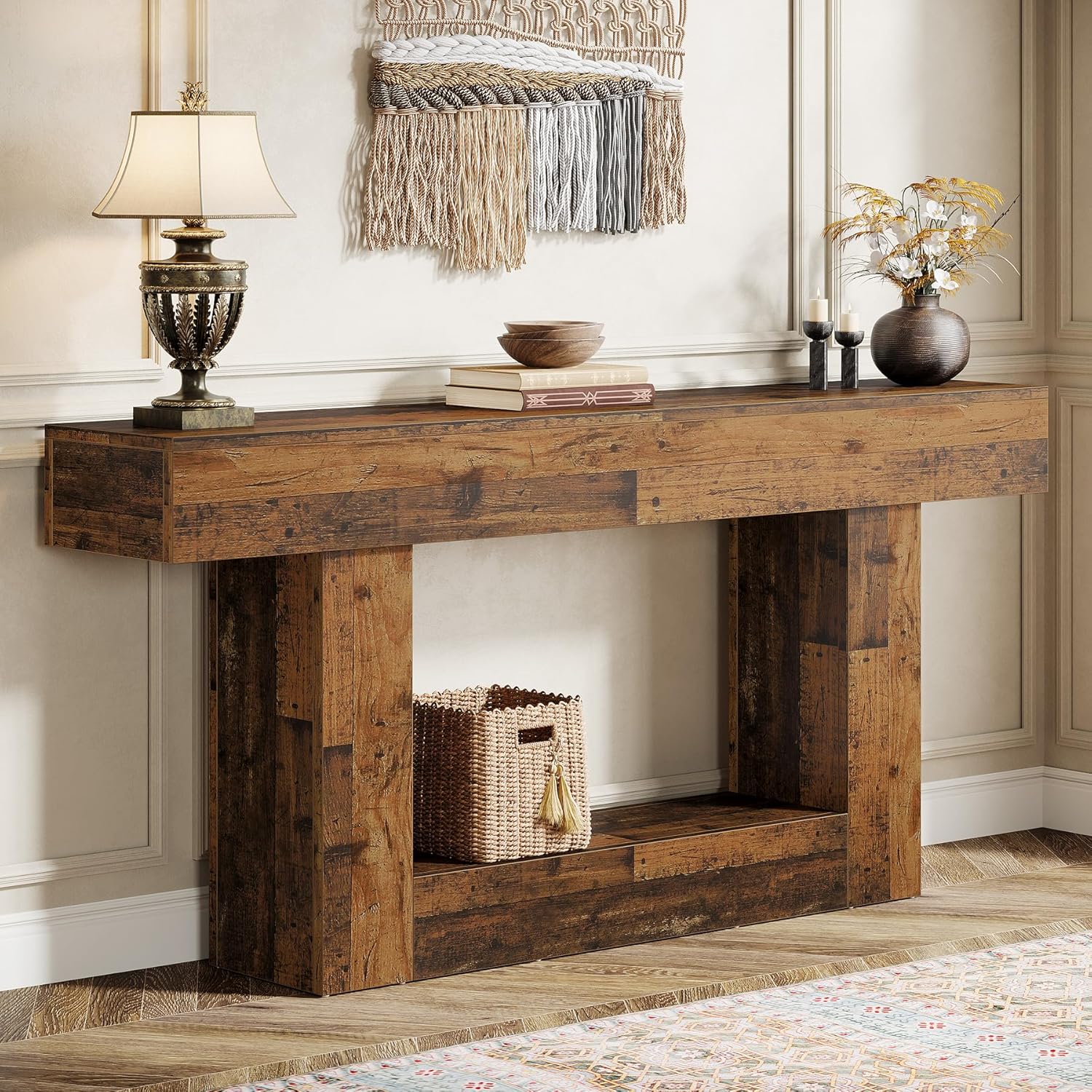 63" Farmhouse Console Table - 2-tier Entryway Sofa Table With U-shaped Base & Lower Shelf, Wood/metal Frame, Wood Top, Rustic - Behind Couch Table For Living Room, Hallway, Foyer (easy Assembly)