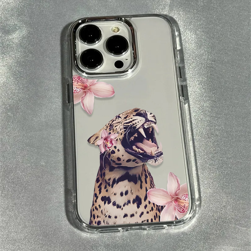 TEMU Phone Case: 1pc Leopard Pink Flower Trendy Pattern Metal Frame Transparent Full- Case Compatible With Iphone 17/16/15/14/13/12/11 Pro