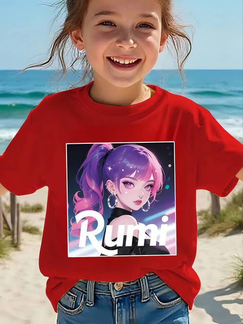 girls single piece casual printed t shirt featuring a cartoon singing girl print made from soft and comfortable fabric ideal for and summer wear and casual outfits simple and suitable for outdoor activities