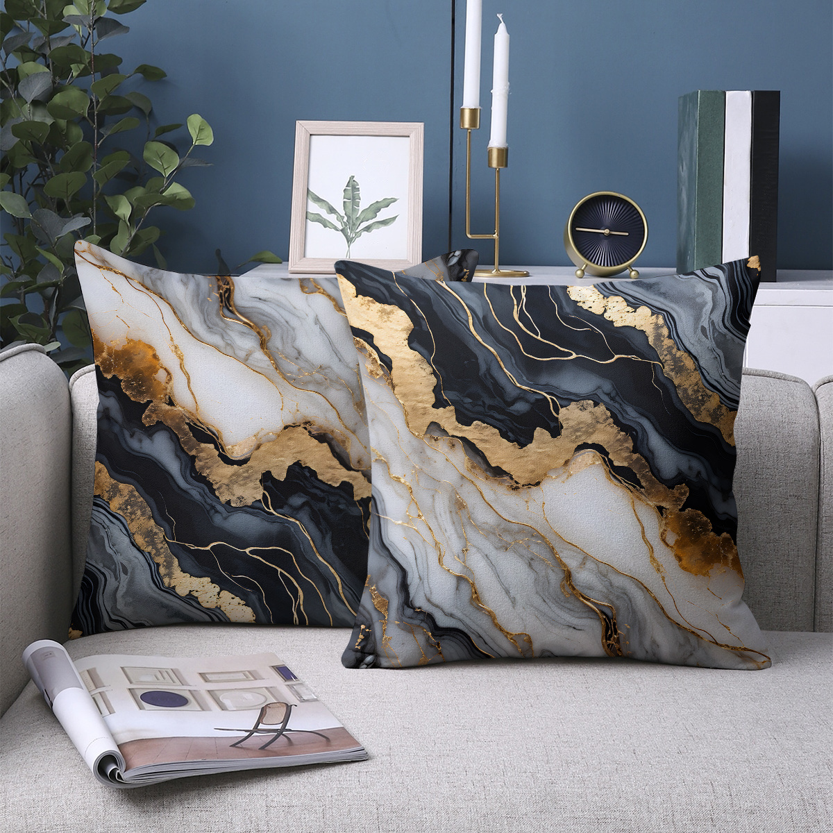 

2-pack Modern Marble Print Throw Pillow Covers, 18x18 Inch, Black And Pattern, Knit Polyester, Machine Washable, Zipper Closure, Decorative Cushion Cases For Living Room, Bedroom, Room Types