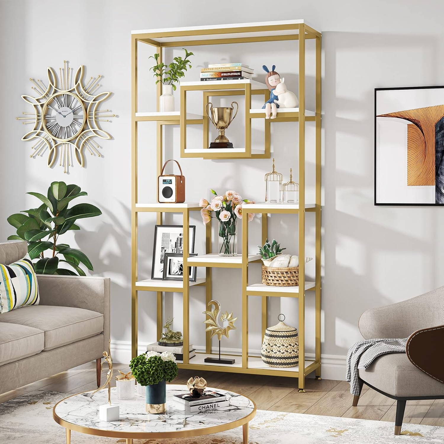 71' Golden Etagere Bookshelf, Modern 11-tier Tall Open Display Bookcase Bookshelves, Free Standing Book Shelf For Living Room, Bedroom, Home Office, Golden & White