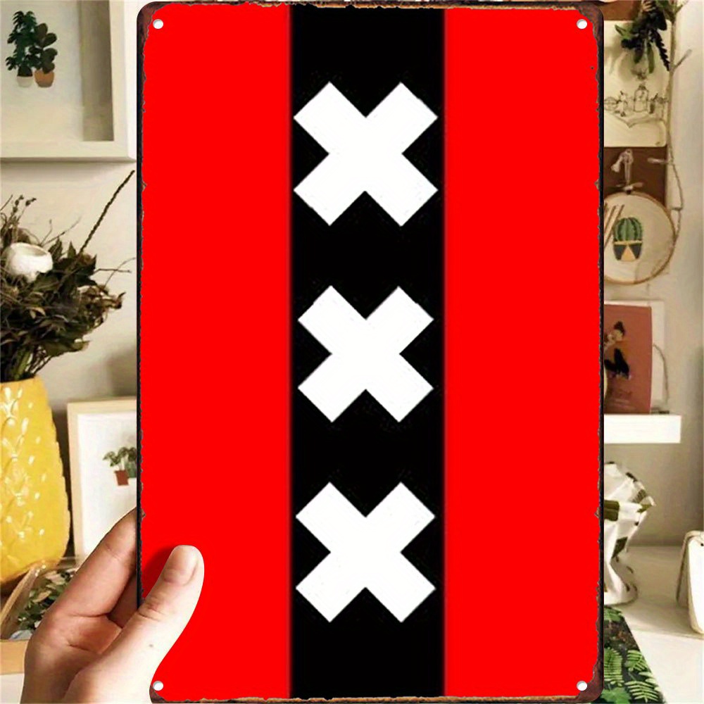 TEMU Of Amsterdam Flag Wall Art - Vintage Metal Sign Measuring 20.32x30.48 Cm, Red And With A X Symbol, Durable Metal Decor For A Cave, Bar, Café,