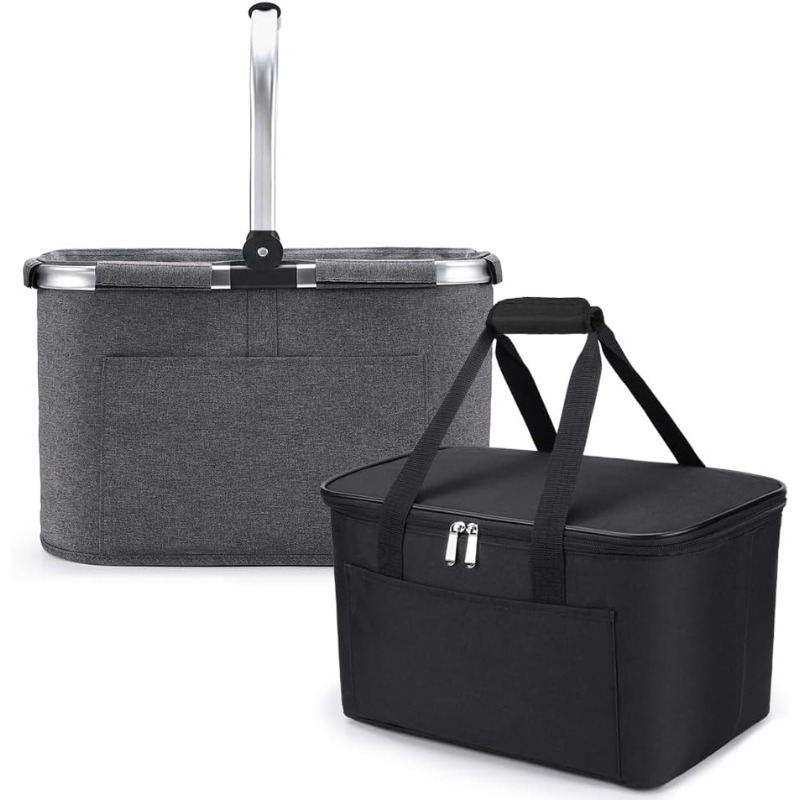 Image of Classic 2pcs Shopping Set Consisting Of A Shopping Basket And Cooler Bag. Shopping Basket With Aluminum Handle. Foldable Shopping Bag With Insulation For Work/shopping