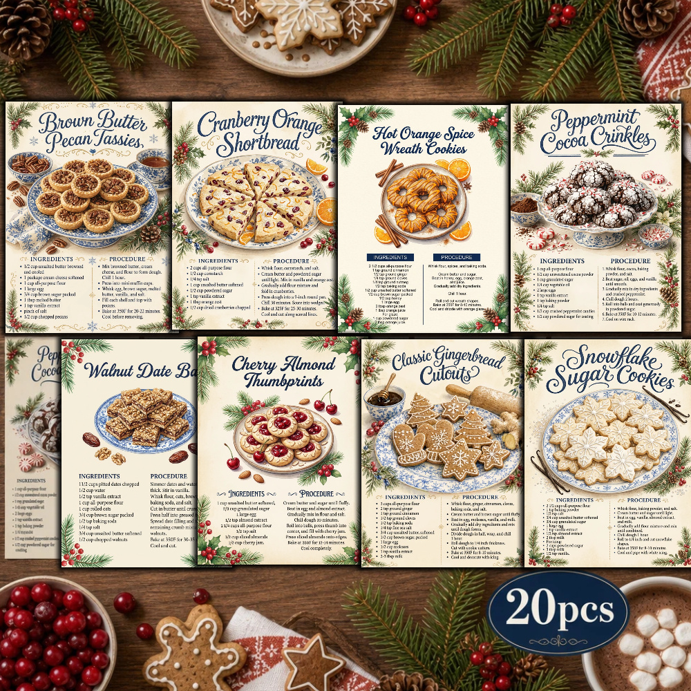 TEMU 20pcs Retro Christmas Dessert/bread Theme Recipe Postcards, Retro Junk Magazine Supplies, Classic Collage Illustration Postcards, Collectible