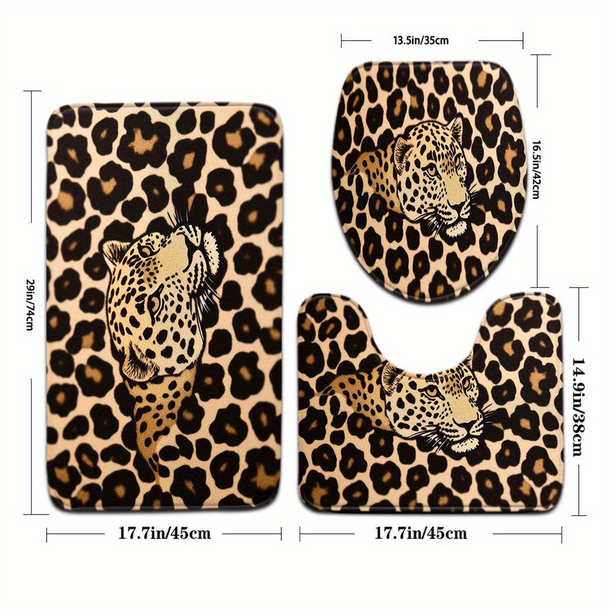 Image of Open 3pcs Fashion Simple Leopard Print Bathroom Mat Set Toilet Seat Cover U-shaped Foot Pad