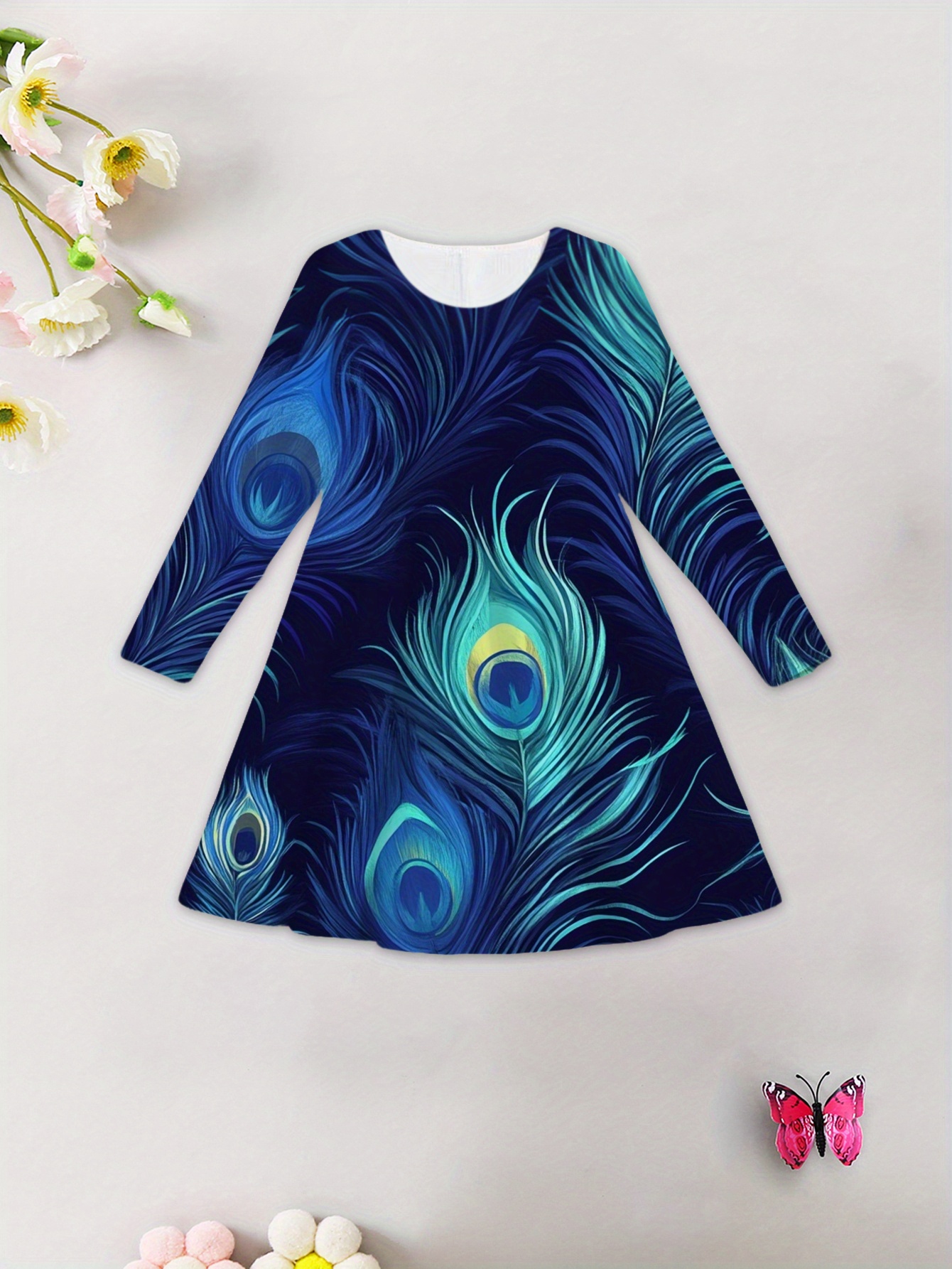 new feather print long sleeve dress girls - Temu United Arab Emirates
