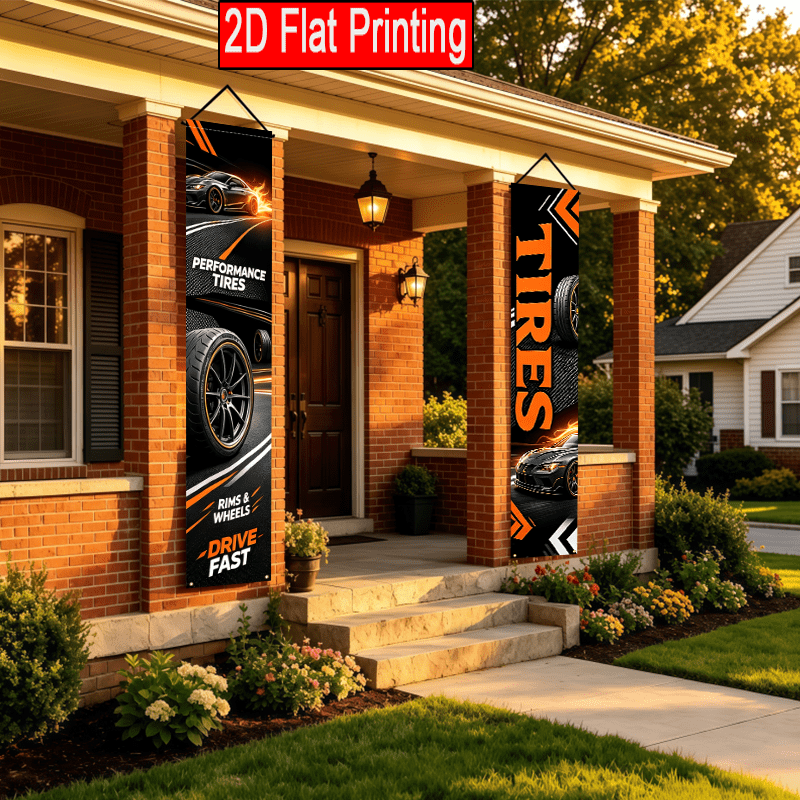 TEMU 2d Flat - 2d Flat 2pcs Tire-themed Black And Golden Porch Banner Suitable For Outdoor Commercial Advertising Store Sign Logo Design Flag Is Very