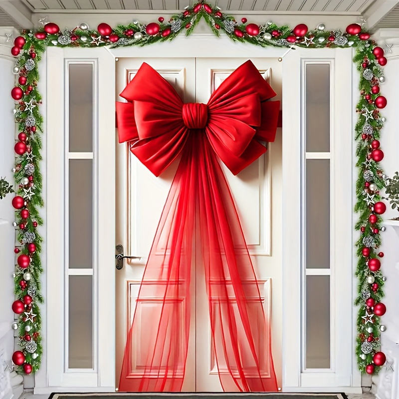 

2d Door Banner Bow Door Banner With Transparent Ribbon-polyester Christmas Decoration, Washable, No Electricity, No Feather, Suitable For Wedding, Birthday, , Porch Entrance Decoration