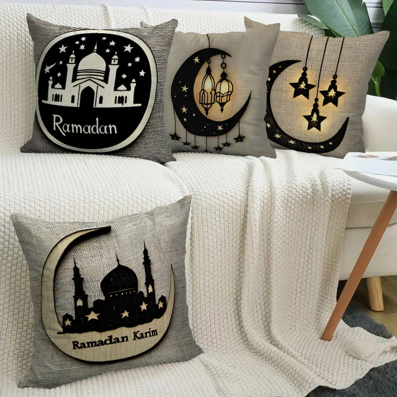 

4pcs Simple Polyester Style Ramadan Pillowcase - Moon - Stars And Lights Design - Square - Comfortable And Fashionable Sofa Decoration - Machine Washable With Zipper Closure