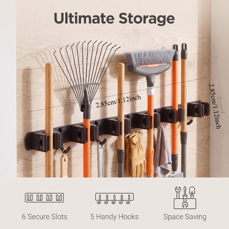 TEMU Multifunctional Tool Storage Rack With 6 Card Slots And 5 Hooks, Suitable For Balcony Cleaning Tool Storage, Garage Farm Tool Wall Storage,