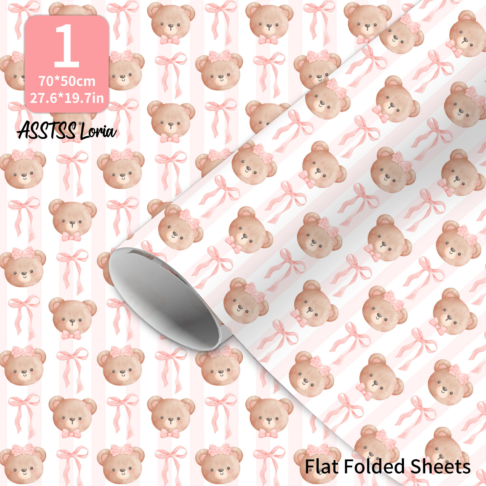 TEMU ASSTSSLORIA Papier Cadeau - 1 Feuille Aquarelle en Peluche Rose avec Nœud sur Fond Rose Rayé, 20X28" Premium 105GSM Papier d'Art, Emballage