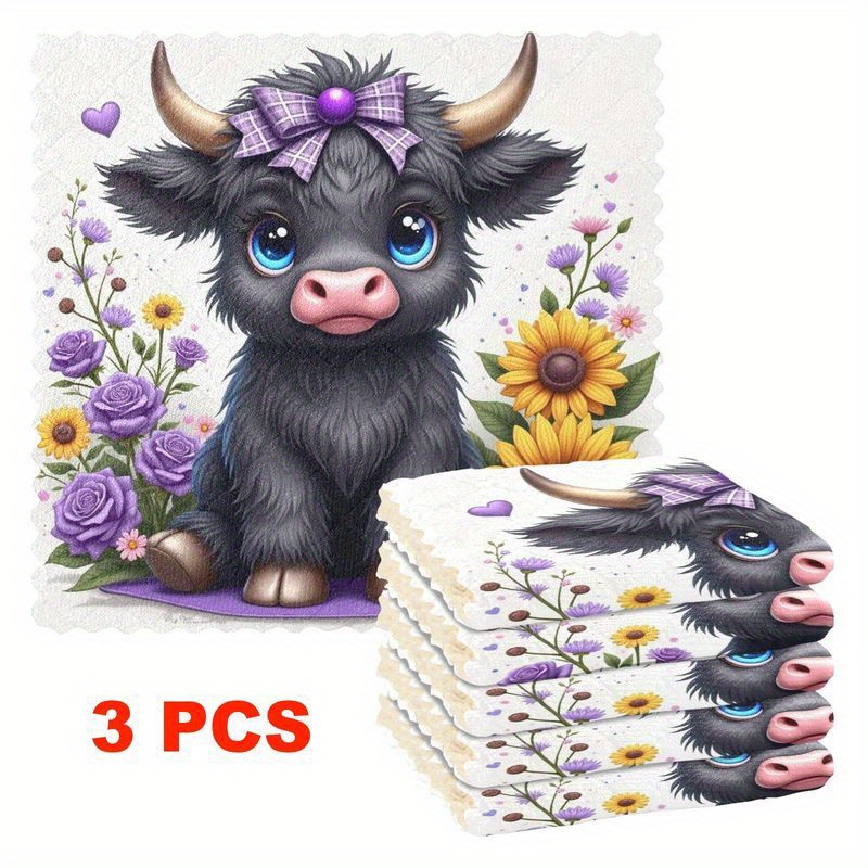 TEMU Set Of 3/6 Kitchen Dishcloths Featuring A Cartoon Cow Design, Reusable Cleaning Cloths Made Of Fibers, Highly Absorbent And Easy To Clean, Thick