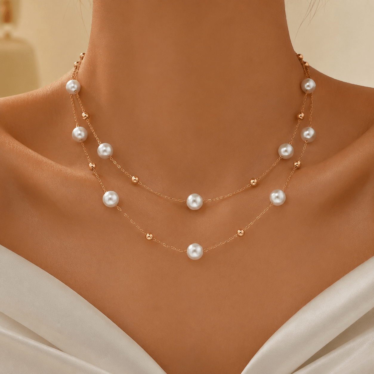 TEMU 2pcs Set: Women's Elegant And Light Luxury Round Bead Adjustable Thin Chain Necklace, Golden Layered Collarbone Accessory, Suitable For Daily