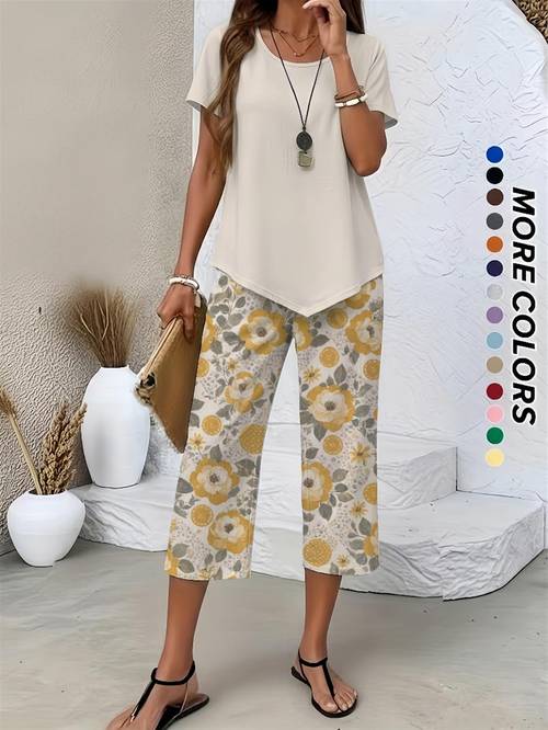item picture spring summer womens casual two piece set vintage botanical peony and daisy print with mustard accents on terrazzo background loose round neck top and wide leg pants for daily commuting and vacation