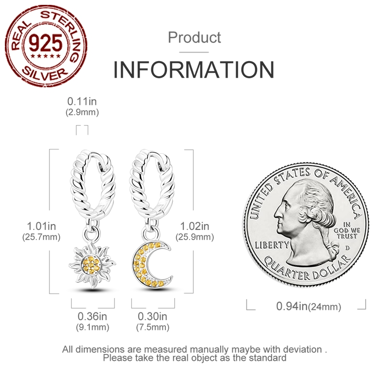 Women's 925 Silver Sun and Moon Stud Earrings, Elegant Gift