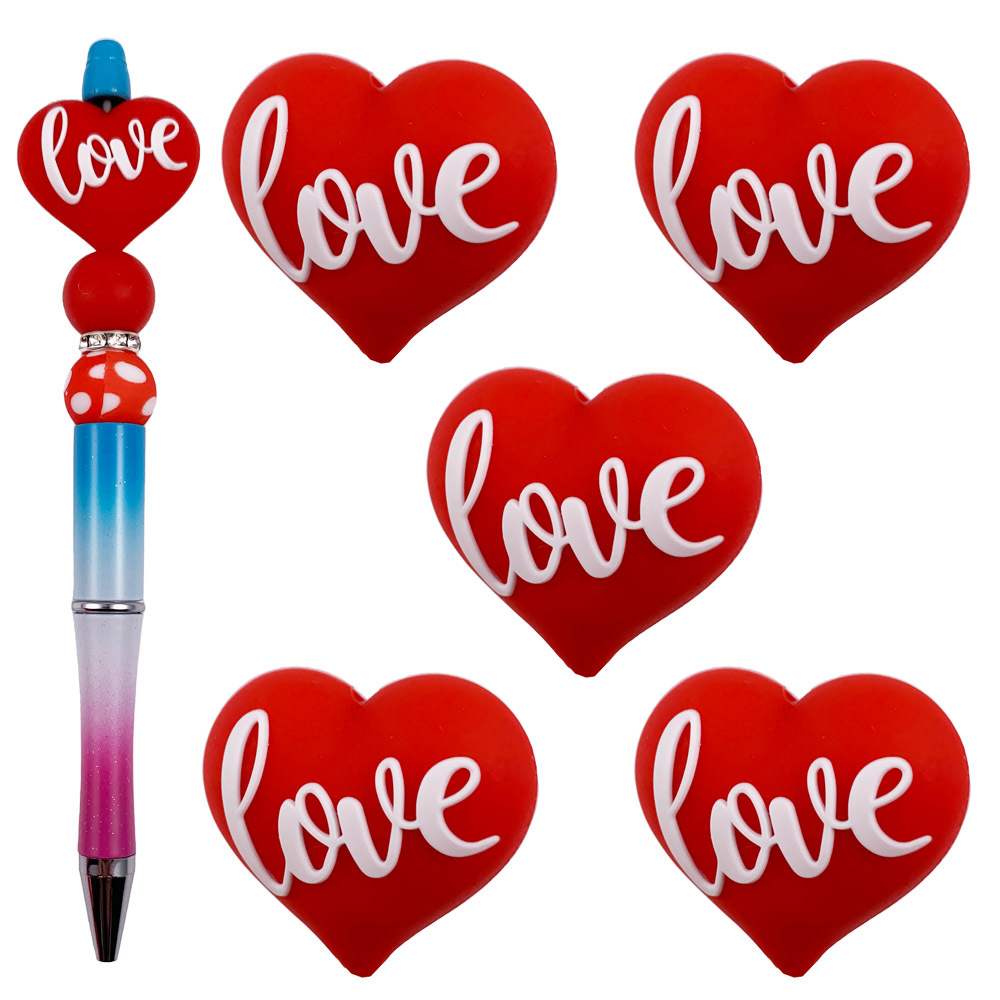 

5pcs Valentine's Day 3d Love Heart Silicone Bead Set - Ideal For Making, Pens, Necklaces & Keychains - Craft Gift Spacer Beads Kit, Silicone Character Beads