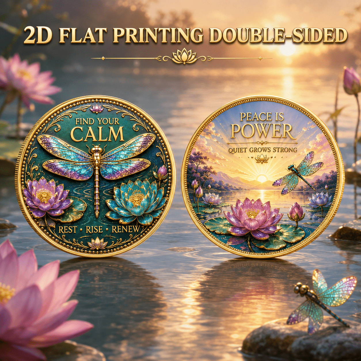 TEMU 2d Flat Printing, 1pc, Double-sided Commemorative Coin (1.57x1.57in), Blue Dragonfly And Lotus Calm Theme, Collectible Coin, , Blessing Gift,