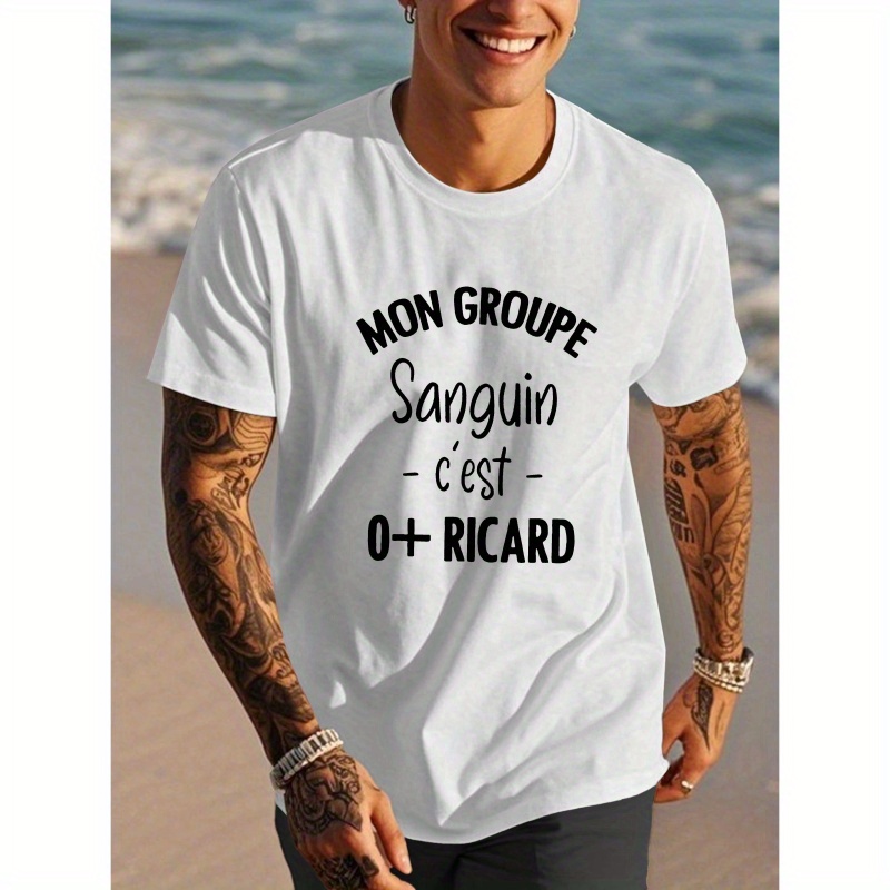 

Men's Casual French T-shirt - "mon Groupe + Ricard" Print, Short Sleeve, Polyester, Summer Top, Machine Washable