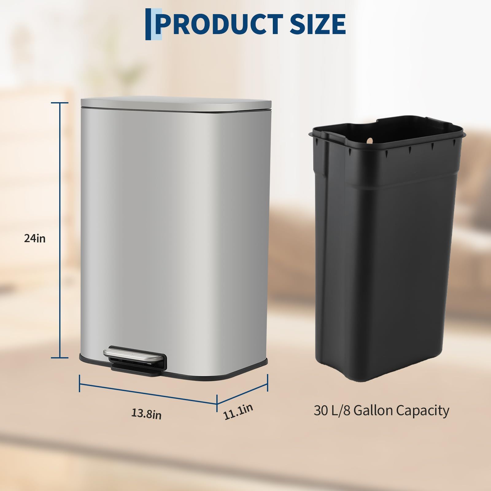 8 Gallon Stainless Steel Step Trash Can With Lid And Removable Inner Bucket, Rectangular Garbage Bin For Kitchen, Office, Bathroom, And Living Room, Silvery