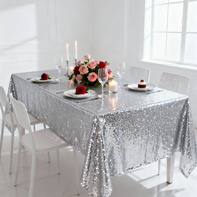 TEMU 1pc Silvery Sequined Tablecloth And 4pcs Self-adhesive Stickers, Silvery Glittering Tablecloth, Rectangular Sequined Tablecloth Ideal For