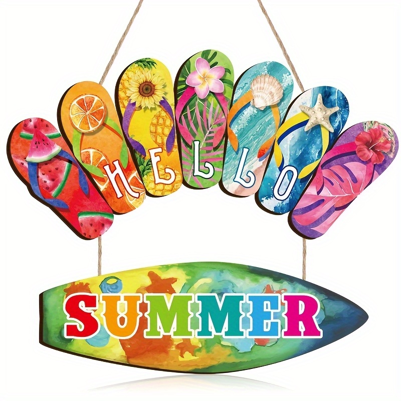 E-shop Flache 2D Wanddekoration für den tropischen Strand - Flaches Holzschild mit "Hallo SOMMER"-Design, Zehentrenner- und Seestern-Motiven -