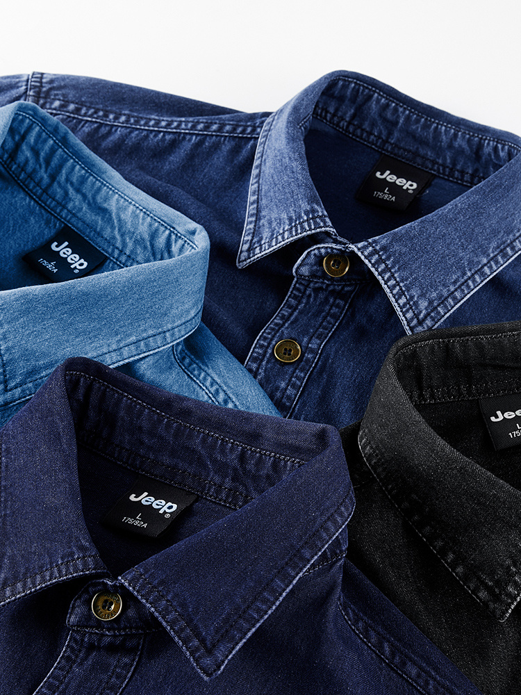 Jeep Cotton Denim Long Sleeve Shirt for Men Embroidered Logo Lapel Button Double Chest Pockets Wrinkle-resistant Stylish Light Business Casual