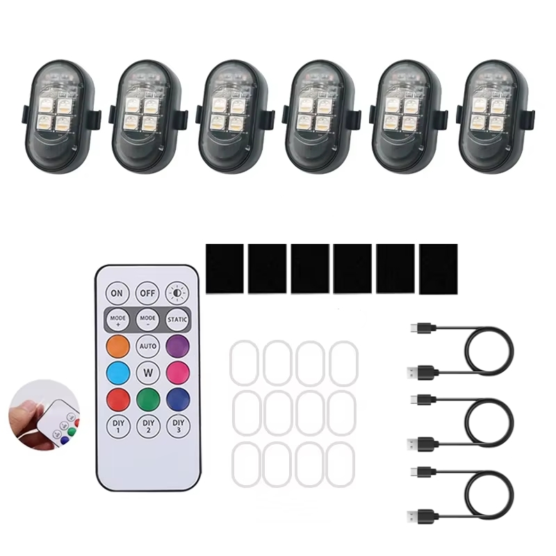 6pcs Upgraded Car Wireless Led Lights With Remote Control For Car Interior Usb Rechargeable 8- Ambient Lighting Car Led Lights
